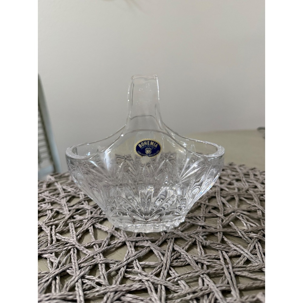 Vintage Bohemia Crystal Basket Hand Cut Glass Split Handle Made Czech Republic